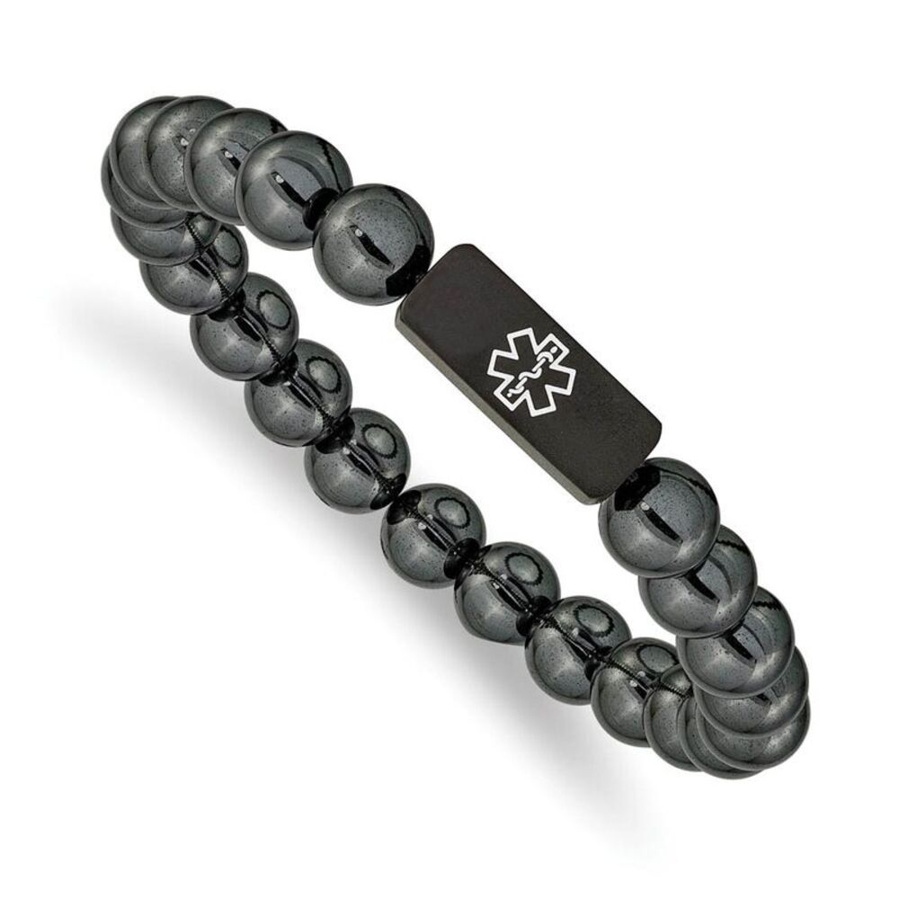 8mm BP Stainless Steel Hematite Enamel Medical I.D. Stretch Bracelet